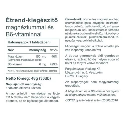 Vitaking Magnézium-citrát + B6-vitamin 30 db