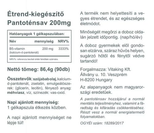 Vitaking B5-vitamin Pantoténsav 200 mg 90 db