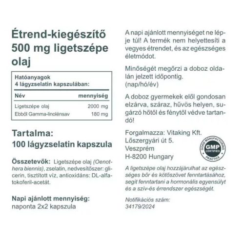 Vitaking Ligetszépe olaj 500 mg 100 db