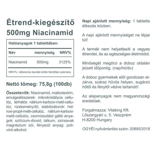 Vitaking B3-vitamin Niacinamid 500 mg 100 db
