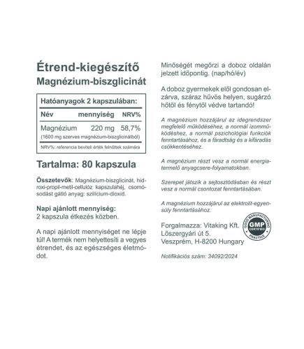 Vitaking Szerves Magnézium-Biszglicinát kapszula 80 db – 220 mg elemi magnézium