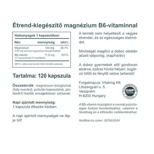 Vitaking Magnézium Biszglicinát + B6 (P5P) vitamin 120 db