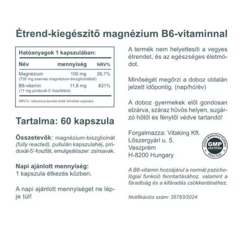 Vitaking Magnézium Biszglicinát + B6 (P5P) vitamin 60 db