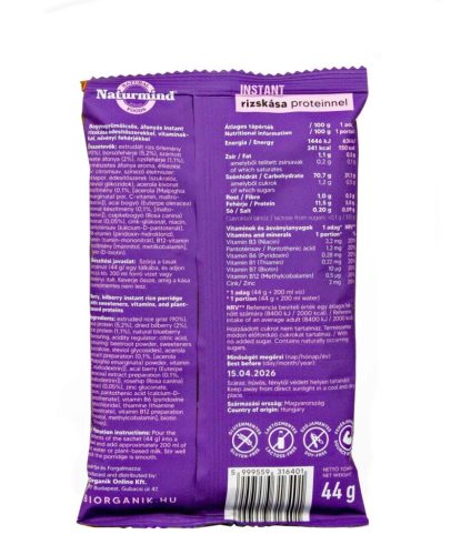 Naturmind Proteines Instant Rizskása Gluténmentes Piros Bogyós 44 g