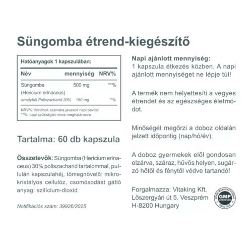 Vitaking Süngomba kivonat 500 mg 60 db