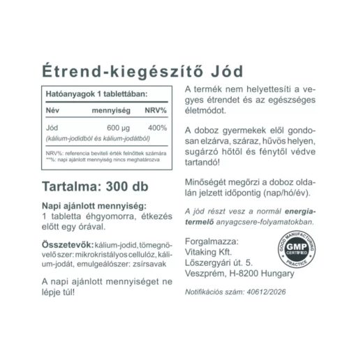 Vitaking Jódharmónia tabletta 600 mcg 300 db