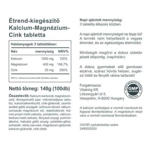 Vitaking Kalcium-Magnézium-Cink tabletta 100 db