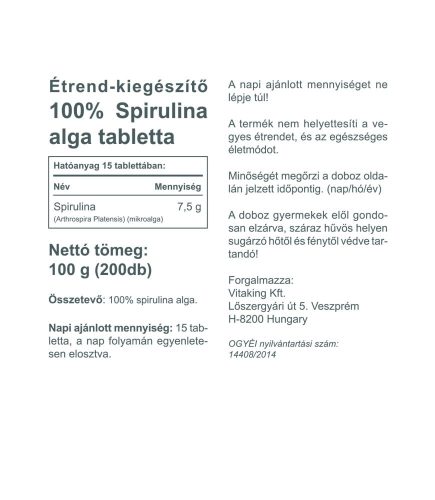 Vitaking 100% Spirulina tabletta 500 mg 200 db