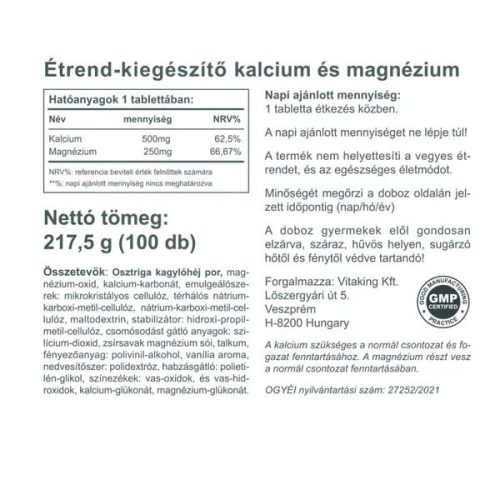 Vitaking Kalcium 500 mg-Magnézium 250 mg tabletta 100 db
